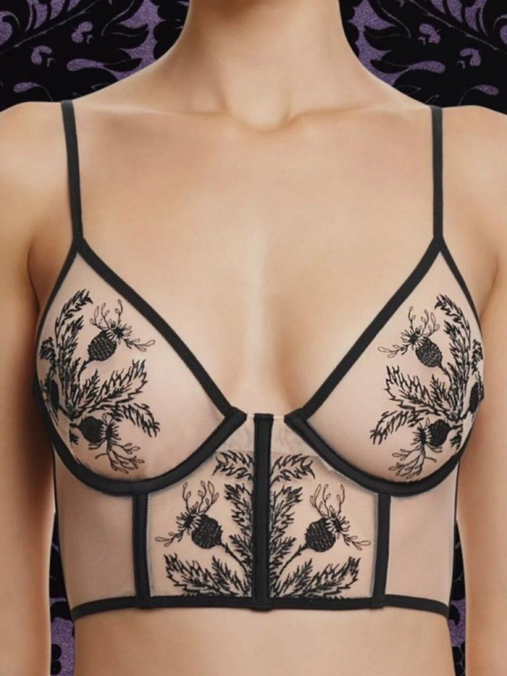 Thistle & Spire Verona Longline Embroidered Black Bra, Size 38DD Women's